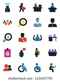 Color and black flat icon set - disabled vector, reception, speaking man, meeting, manager place, doctor, pregnancy, group, identity card, desk, client search, estate agent, cook, with notebook