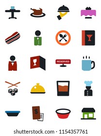 Color and black flat icon set - spoon and fork vector, coffee, waiter, cook, dish, restaurant table, wine card, reserved, drink, bacon, receipt, chicken, bowl, sushi, storefront