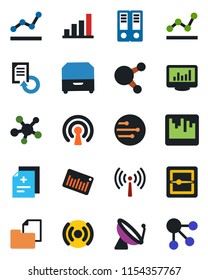 Color and black flat icon set - antenna vector, satellite, office binder, document reload, diagnosis, folder, barcode, share, scanner, network, monitor statistics, bar graph, point, archive box