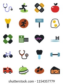 Color and black flat icon set - plant label vector, seeds, heart pulse, stethoscope, patch, ambulance car, barbell, bike, run, implant, diet, hospital, pool, omelette, apple fruit, cheese