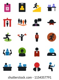 Color and black flat icon set - dispatcher vector, security gate, manager, team, place, run, speaker, identity card, support, desk, meeting, career ladder, estate agent, waiter, dress code