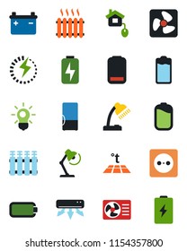 Color and black flat icon set - battery vector, low, charge, desk lamp, heater, air conditioner, fridge, home control, socket, fan, radiator, warm floor, bulb
