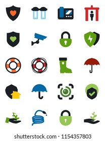 Color and black flat icon set - security gate vector, lock, boot, hose, heart shield, umbrella, protect, eye id, intercome, water filter, home, surveillance, palm sproute, crisis management