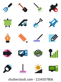 Color and black flat icon set - right arrow vector, ladder car, presentation board, drawing pin, job, pencil, garden fork, shovel, rake, satellite, hdmi, brightness, fingerprint id, cellular signal