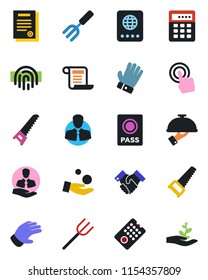 Color and black flat icon set - passport vector, garden fork, farm, glove, saw, client, touch screen, fingerprint id, handshake, contract, waiter, remote control, combination lock, investment
