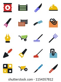 Color and black flat icon set - trowel vector, farm fork, rake, wheelbarrow, saw, hoe, garden knife, scalpel, cargo container, oil barrel, application, paper clip, ink pen, dish
