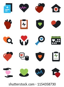 Color and black flat icon set - heart vector, pulse, diagnosis, blood pressure, diagnostic, shield, hand, real, medical calendar, clipboard, sweet home