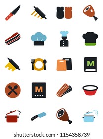 Color and black flat icon set - cook vector, cafe, hat, menu, bacon, salt and pepper, ham, bowl, rolling pin, cutting board, knife, steaming pan