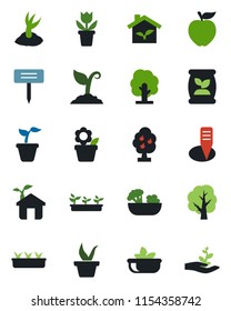 Color and black flat icon set - flower in pot vector, seedling, tree, sproute, plant label, fertilizer, fruit, salad, apple, eco house, palm