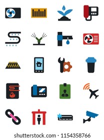 Color and black flat icon set - plane radar vector, security gate, identity card, drip irrigation, barcode, chain, root setup, air conditioner, water heater, intercome, home control app, filter