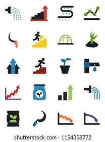 Color and black flat icon set - growth statistic vector, seedling, watering, sproute, sickle, greenhouse, fertilizer, drip irrigation, point graph, career ladder, arrow up, crisis