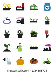 Color and black flat icon set - factory vector, flower in pot, seedling, watering, sproute, pumpkin, greenhouse, seeds, pond, garden sprayer, fertilizer, tulip, eco house, palm