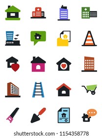 Color and black flat icon set - border cone vector, airport building, office, trowel, ladder, wheelbarrow, saw, house, hospital, estate document, sweet home, city, message