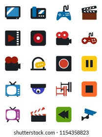 Color and black flat icon set - ticket office vector, clapboard, film frame, tv, gamepad, video camera, pause button, stop, rewind, rec, record, intercome, surveillance