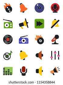 Color and black flat icon set - vinyl vector, flame disk, microphone, radio, speaker, loudspeaker, equalizer, fast forward, tuning, bell, mute, music, sound, advertising