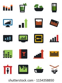 Color and black flat icon set - security gate vector, growth statistic, monitor, barcode, equalizer, scanner, statistics, bar graph, wine card, drink, phyto, salad, sushi