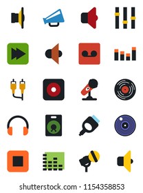 Color and black flat icon set - vinyl vector, microphone, speaker, loudspeaker, settings, equalizer, headphones, stop button, fast forward, rec, rca, hdmi, record, sound