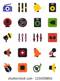 Color and black flat icon set - vinyl vector, flame disk, microphone, radio, speaker, settings, stop button, rewind, rec, tuning, bell, record, music, sound