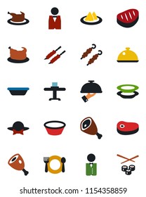 Color and black flat icon set - waiter vector, dish, restaurant table, serviette, cafe, plates, dress code, chicken, steak, kebab, ham, bowl, sushi