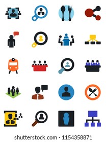 Color and black flat icon set - spoon and fork vector, train, male, speaking man, meeting, user, hr, company, client search, consumer, social media, hierarchy