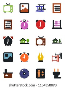 Color and black flat icon set - elevator vector, alarm clock, tv, abacus, fireplace, film frame, vinyl, gallery, ink pen, house with tree, power plug