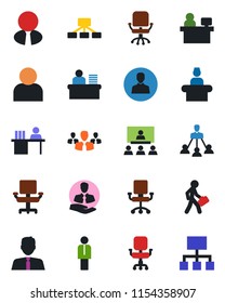 Color and black flat icon set - reception vector, manager, office chair, place, client, user, desk, hierarchy, estate agent, group