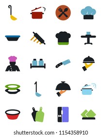 Color and black flat icon set - fridge vector, cook, restaurant table, cafe, hat, plates, waiter, salt and pepper, ladle, bowl, rolling pin, cutting board, knife, steaming pan, serviette