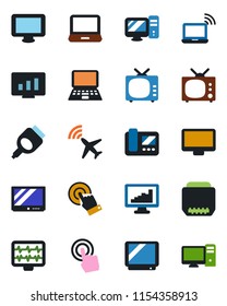 Color and black flat icon set - plane radar vector, wireless notebook, pc, statistic monitor, pulse, tv, touch screen, laptop, hdmi, statistics, intercome