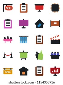 Color and black flat icon set - fence vector, flight table, presentation board, meeting, clipboard, clapboard, sale, sold signboard, smart home, cutting, chip