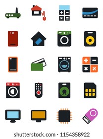 Color and black flat icon set - calculator vector, monitor, speaker, phone back, sim, washer, smart home, credit card, control, chip, remote, router, usb flash