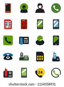 Color and black flat icon set - phone vector, mobile, 24 hours, support, cell, radio, back, call, sim, office