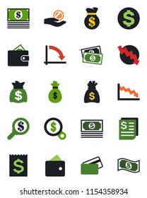 Color and black flat icon set - dollar sign vector, money bag, crisis graph, cash, receipt, credit card, wallet, search, investment