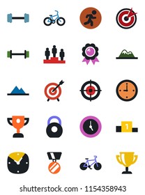Color and black flat icon set - pedestal vector, medal, barbell, bike, run, heavy, clock, target, mountains, award cup