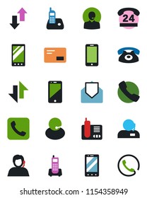Color and black flat icon set - mobile phone vector, office, 24 hours, support, cell, radio, mail, call, data exchange