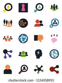Color and black flat icon set - female vector, team, brainstorm, network, share, group, finger down, user, company, client search, consumer, social media