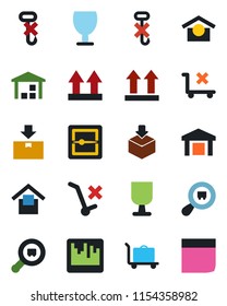 Color and black flat icon set - baggage trolley vector, fragile, warehouse storage, up side sign, no, hook, package, search cargo, scanner, blank box