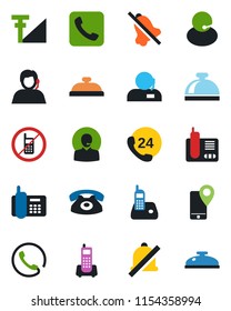 Color and black flat icon set - no mobile vector, reception bell, office phone, 24 hours, support, tracking, radio, call, mute, cellular signal