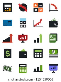 Color and black flat icon set - credit card vector, growth statistic, calculator, crisis graph, receipt, bar, wallet, cash, presentation