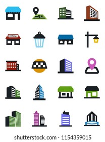 Color and black flat icon set - taxi vector, shop, office building, garden light, navigation, store, city house, cafe, storefront