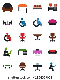 Color and black flat icon set - cafe vector, waiting area, disabled, office chair, desk, picnic table, cushioned furniture, restaurant, man with notebook