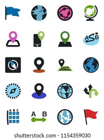 Color and black flat icon set - globe vector, seat map, route, navigation, earth, pin, mobile tracking, network, place tag, compass, flag