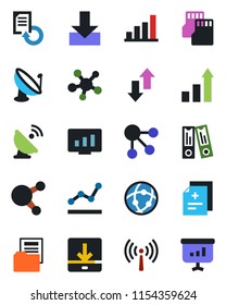 Color and black flat icon set - antenna vector, growth statistic, office binder, monitor, document reload, diagnosis, satellite, share, sd, network, data exchange, download, bar graph, folder, point