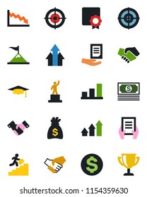 Color and black flat icon set - handshake vector, dollar sign, pedestal, graduate, money bag, document, cash, sertificate, bar graph, target, career ladder, arrow up, motivation, crisis, award cup