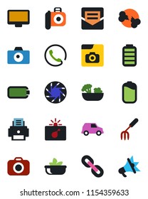 Color and black flat icon set - bomb in case vector, camera, garden fork, broken bone, monitor, chain, battery, mobile, mail, photo gallery, printer, phone, salad, car, advertising