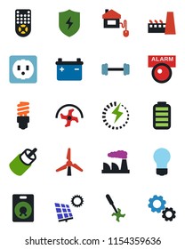 Color and black flat icon set - bulb vector, factory, ripper, barbell, remote control, speaker, battery, rca, protect, charge, sun panel, windmill, home, socket, energy saving, alarm led, gear