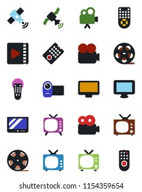 Color and black flat icon set - tv vector, reel, satellite, video camera, remote control, monitor