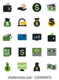 Color and black flat icon set - credit card vector, ticket office, dollar sign, money bag, statistic monitor, cash, receipt, wallet, investment