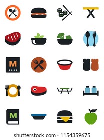 Color and black flat icon set - spoon and fork vector, picnic table, cafe, menu, salad, salt pepper, steak, hamburger, bowl, sushi, apple fruit