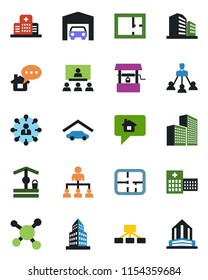 Color and black flat icon set - hierarchy vector, well, hospital, molecule, office building, garage, plan, home message