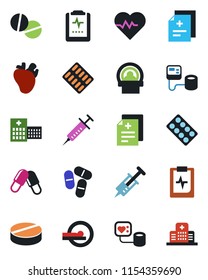 Color and black flat icon set - heart pulse vector, diagnosis, syringe, blood pressure, pills, blister, tomography, real, clipboard, hospital